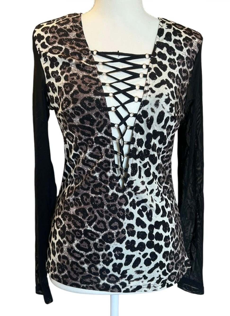 NWT Pastel Leopard Lace-Up Top Size M Black Animal Print Y2K